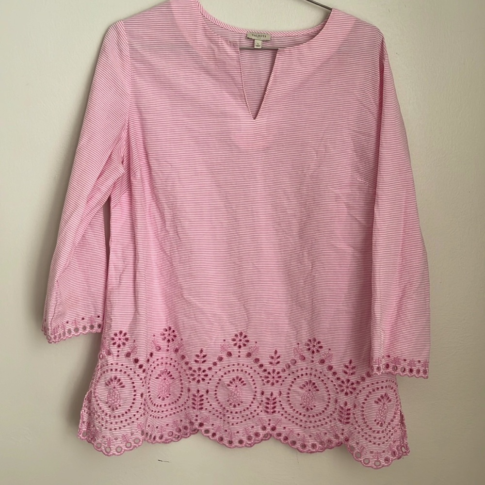 Talbots Pink White Striped Scalloped Hem Split Neck Pullover Women's Size Large